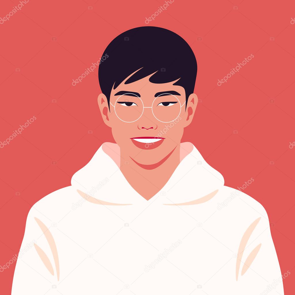 An Asian guys face. An avatar of a young businessman. A happy student. Vector flat illustration