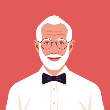 Sakallı ve papyonlu yaşlı bir adamın portresi. Mutlu bir büyükbabanın Avatar 'ı. Yaşlı bir işadamı. Sosyal ağlar. Vektör düz resimleme