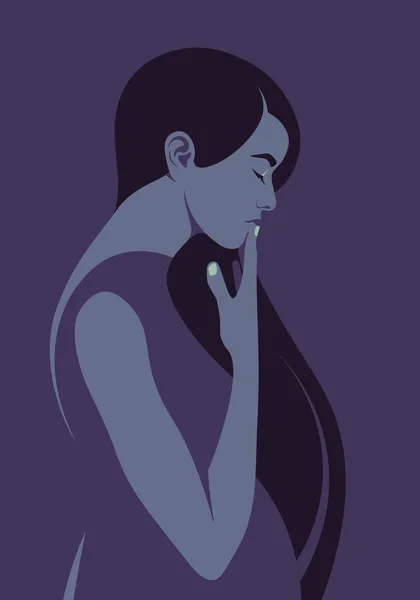 Profile Sad Pregnant Woman Dark Background Loneliness Depression Vector Flat — Stock Vector