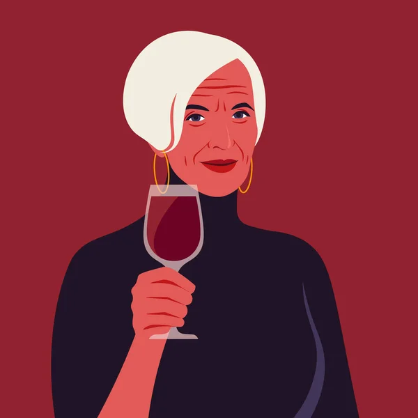 Une Femme Âgée Tient Verre Vin Rouge Portrait Sommelier Illustration — Image vectorielle