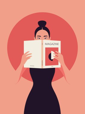 Genç bir Asyalı kadın elinde bir sanat dergisi tutuyor. Kütüphaneler ve kitapçılar. Vektör düz resimleme