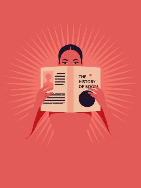 Genç bir Latin Amerikalı kadın elinde bir kitap tutuyor. Kütüphaneler ve kitapçılar. Vektör düz resimleme