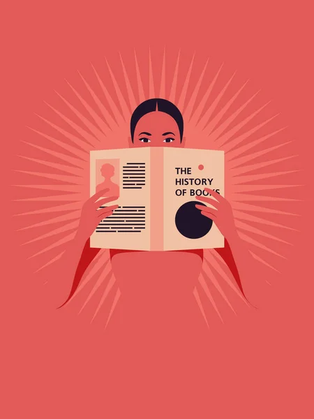 Genç Bir Latin Amerikalı Kadın Elinde Bir Kitap Tutuyor Kütüphaneler — Stok Vektör