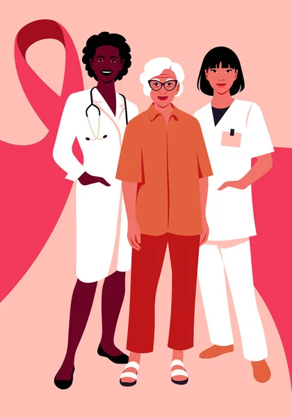 两名女医生和一名病人站着 全身上下都系着粉红色的缎带 预防肿瘤疾病和乳腺癌 矢量平面插图 — 图库矢量图片