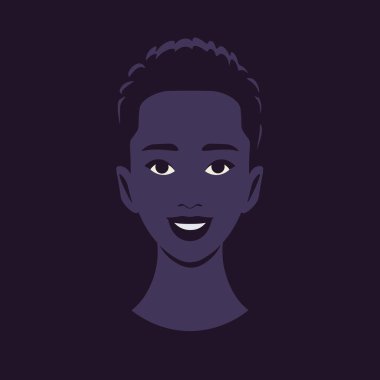 Afrikalı genç bir kadın gülümsüyor. Karanlık arka planda mutlu bir gencin avatarı. Çeşitlilik ve LGBTQ. Vektör düz resimleme
