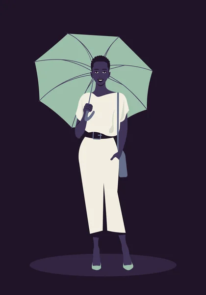 Retrato Completo Una Mujer Africana Con Paraguas Traje Casual Noche — Vector de stock
