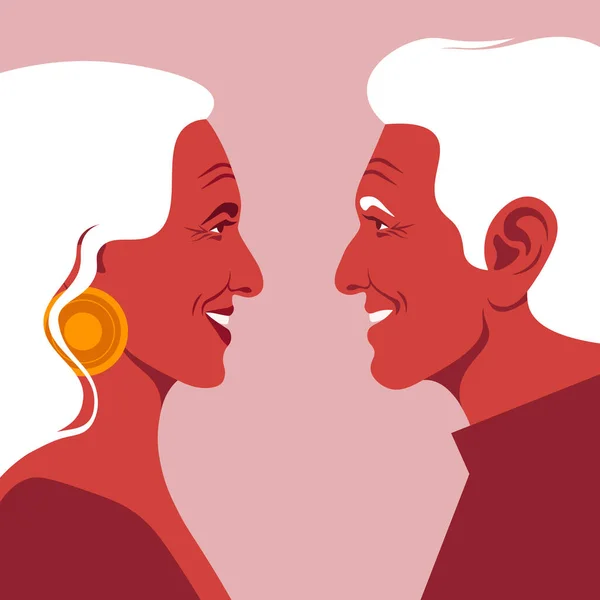 Old Lovers Profile Happy Elderly Couple Love Dating Family Relationship — Stock Vector