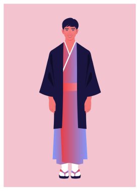 Geleneksel kimono ve haori giyen genç Japon adam, yumuşak pastel renklerle modern minimal tarzda tam vücut düz vektör çizimi..