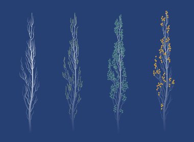 Mevsimsel değişimi ve koyu mavi bir zemin üzerinde doğa döngüsünü temsil eden dört biçimlendirilmiş ağacın minimum vektör illüstrasyonu.