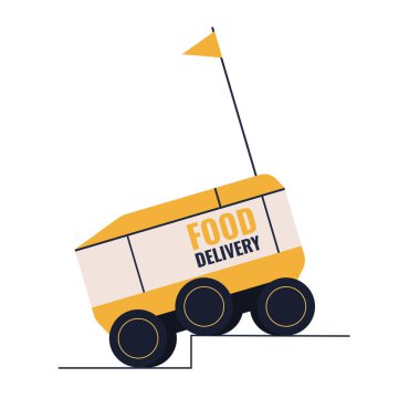 Özerk yiyecek dağıtım aracı bir basamak tırmanıyor ve kentsel engelleri aşıyor. Bayrağı, son mil teslimatı konsepti, lojistik yeniliği ve akıllı şehir teknolojisi olan bir robot kurye aracının minimum düz vektör çizimi.