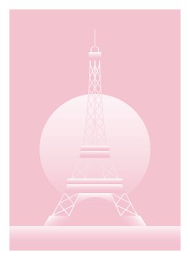 Eyfel Kulesi 'nin hafif pembe tonlarda gradyan etkisi olan en az pastel çizimi. Paris 'in estetik, romantik ruh hali ve modern düz stil kompozisyonundan esinlenilmiş zarif geometrik vektör tasarımı.