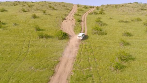 Vue aérienne de la voiture conduite hors route à travers la campagne rurale — Video
