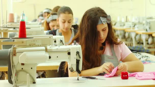 Vrouwen die werken in een workshop naaien — Stockvideo