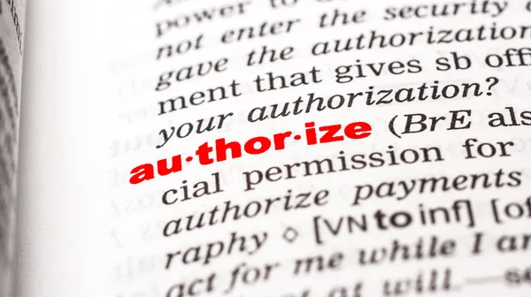 Word authorize in dictionary — Stock Photo, Image