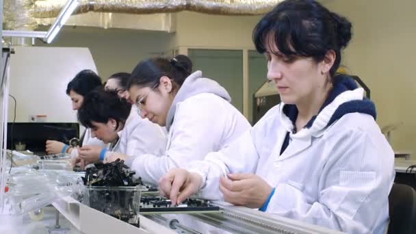 Werknemers Circuit Bouwplaten in elektronica fabriek — Stockvideo