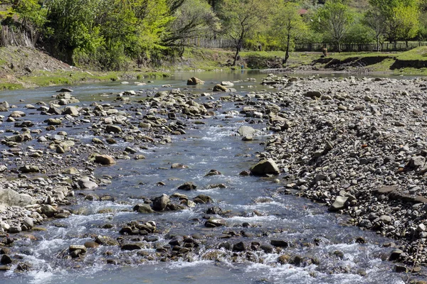 River flows near village with forest on hill — Stock Photo, Image