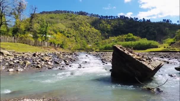 Rio flui perto da aldeia com floresta na colina — Vídeo de Stock