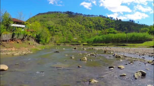 River flows near village with forest on hill — Stock Video