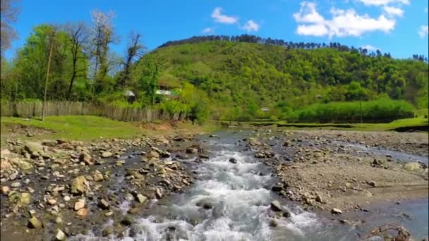 Il fiume scorre vicino al villaggio con foresta sulla collina — Video Stock