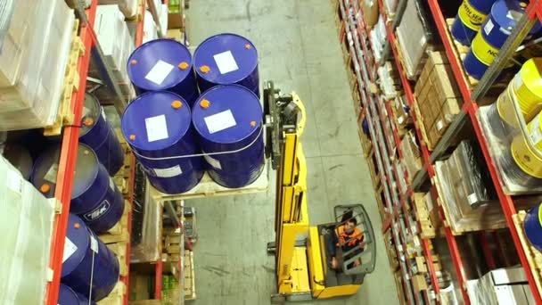 Forklift truck  moves barrels — Wideo stockowe