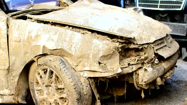 Damaged cars in consequence of flooding — Stock Video