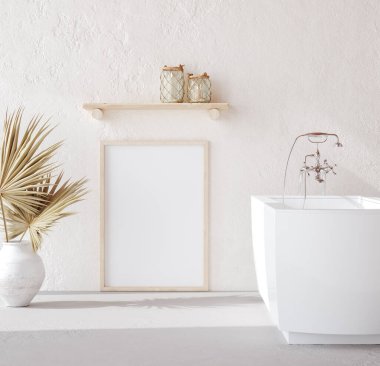 Konforlu banyo iç planında afiş modeli, 3D görüntüleme