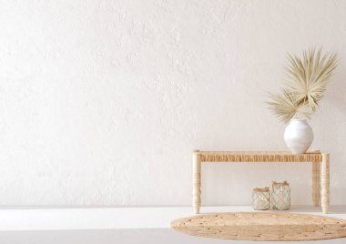 Göçebe ev içi arka plan, bank, mum ve vazoda bitki, 3D render