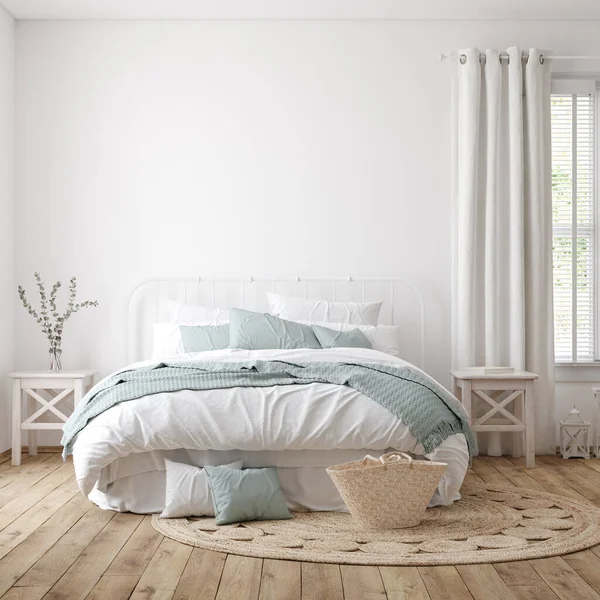 Light farmhouse bedroom interior with blank wall