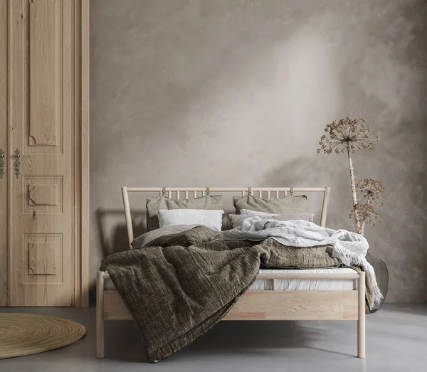 Bed Dengan Linen Bedding Tanaman Kering Dan Pintu Kayu Kamar — Stok Foto