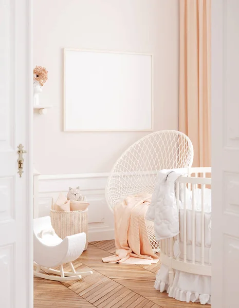Mock Frame Cozy Girls Nursery Chic Style Interior Background Render — Stok Foto