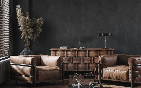 Interior Industrial Moderno Con Muebles Cuero Oficina Lujo Render — Foto de Stock