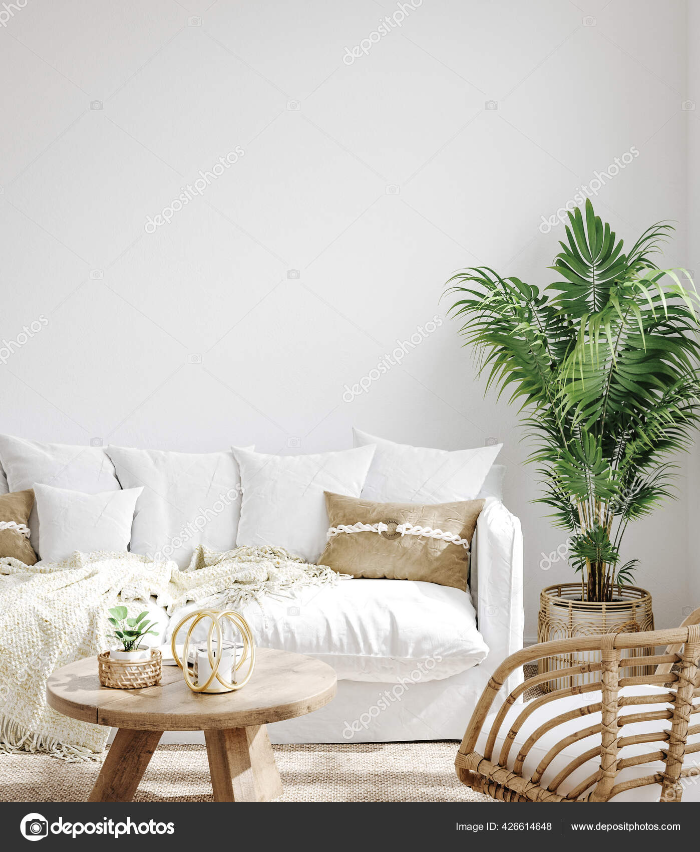 White Cozy Living Room Interior Coastal Boho Style Render Stock Photo by  ©Artjafara 426614648