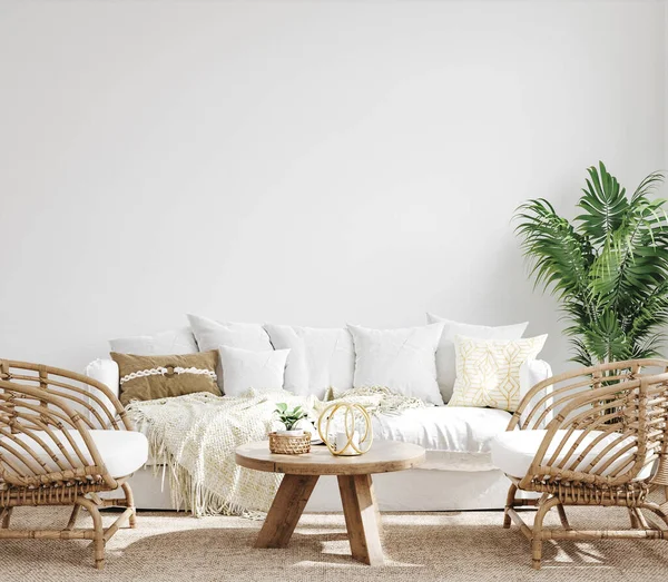 Blanco Acogedor Interior Sala Estar Estilo Boho Costero Render — Foto de Stock