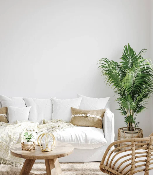 Blanco Acogedor Interior Sala Estar Estilo Boho Costero Render — Foto de Stock