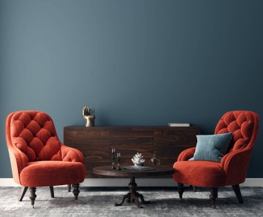 Elegant dark interior with bright red armchairs, 3d render clipart