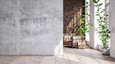 Endüstriyel tarzda oturma odası, 3 boyutlu.