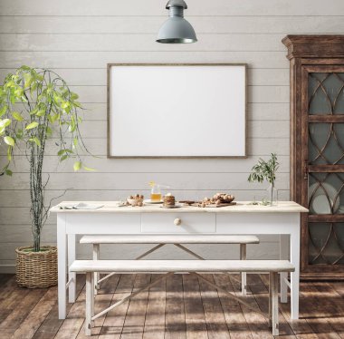 Afiş çerçevesini mutfak içi, çiftlik evi tarzı, 3D görüntüleme.