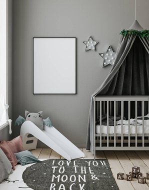 Çağdaş çocuk odasında poster çerçevesi modeli, 3D oluşturma