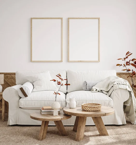 Mockup Rahmen Bauernhaus Wohnzimmer Interieur Render — Stockfoto