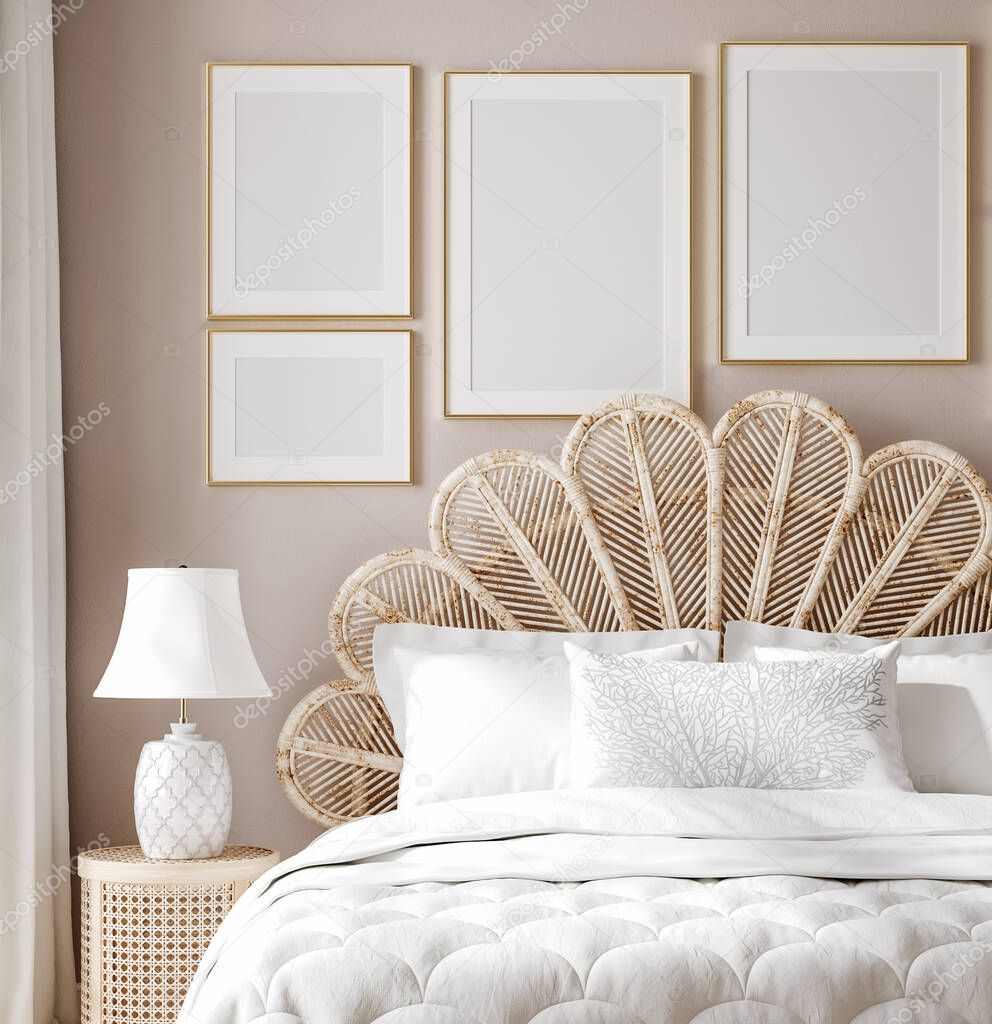 Mockup poster in luxury feminine bedroom, 3d render
