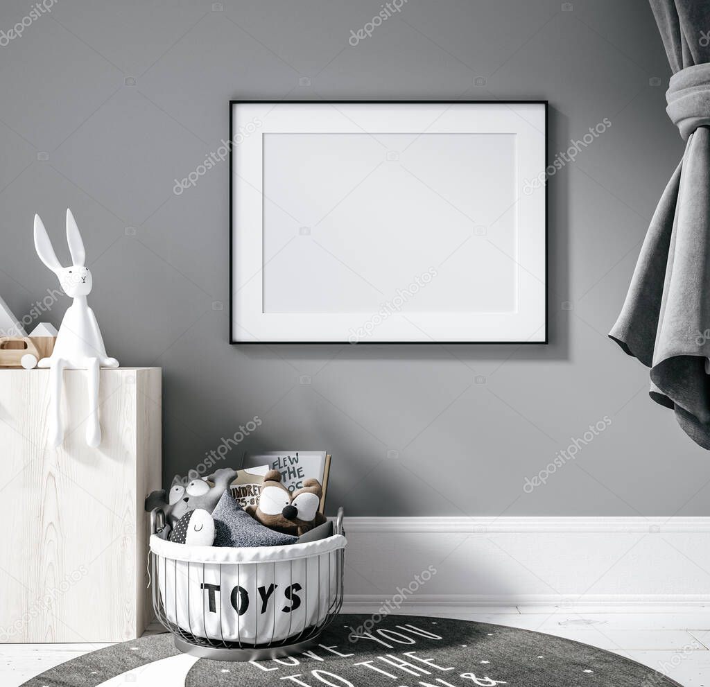 Contemporary children room, wall frame mockup, 3d render