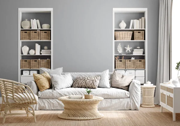Acogedor Interior Sala Estar Gris Con Muebles Costeros Render — Foto de Stock