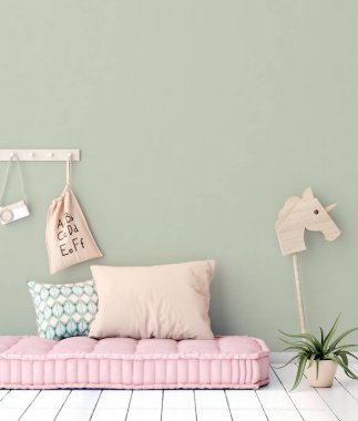 Konforlu çocuk odası arka planı, İskandinav tarzı, 3D görüntüleme