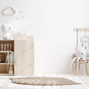Boş duvar, İskandinav tarzı, 3 boyutlu, rahat çocuk odası arka planıyla modellenir.