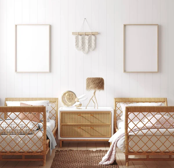 Mockup Frame Children Bedroom Wicker Furniture Coastal Boho Style Render — Stock Photo, Image