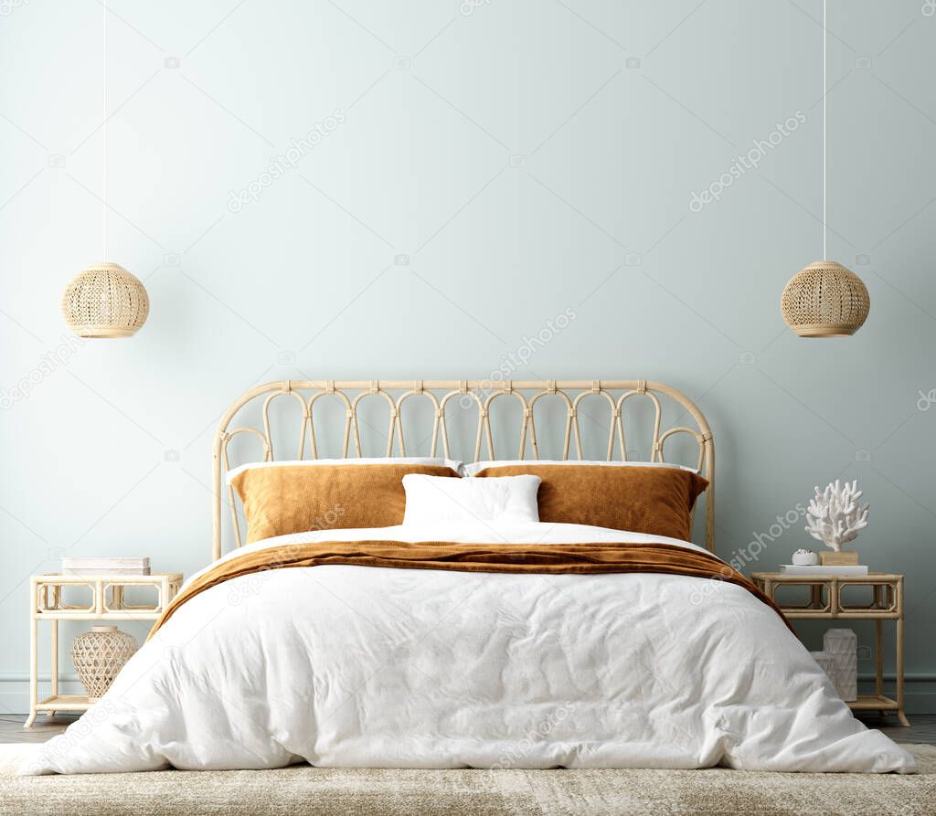 Coastal boho style bedroom interior background, wall mockup, 3d render