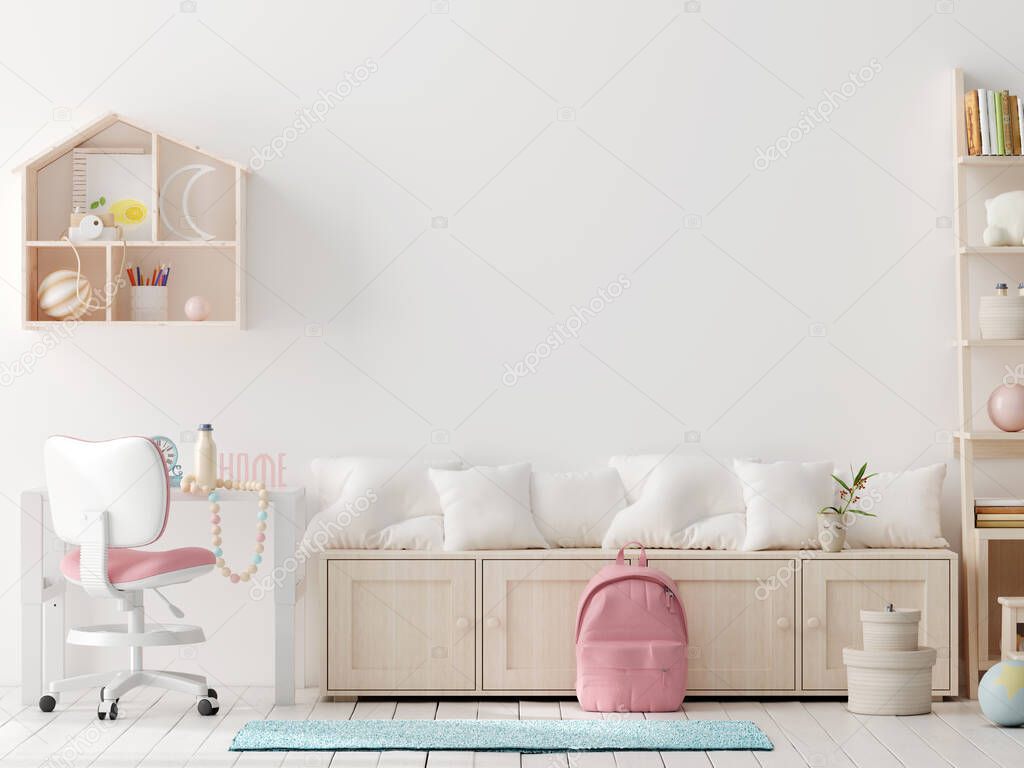 Blank wall mock up in cozy nursery interior background, Scandinavian style, 3D render