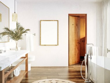 Poster, beyaz rahat banyo iç arka planında duvar modeli, 3D görüntüleme