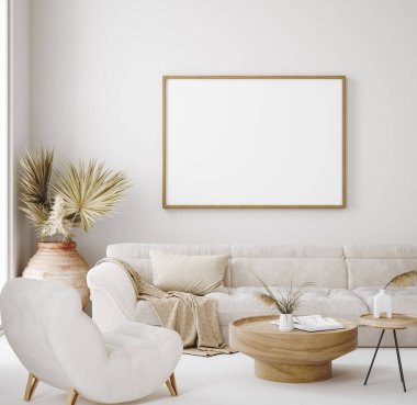 Çerçeveyi ev içi arka planda, bej odayı Scandi-Boho tarzında, 3D canlandırma