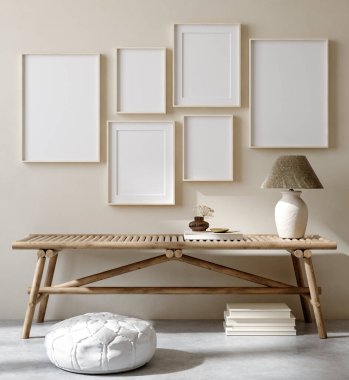 Çerçeveyi ev içi arka planda, göçebe oturma odasını bank ve dekorla, 3D görüntüle